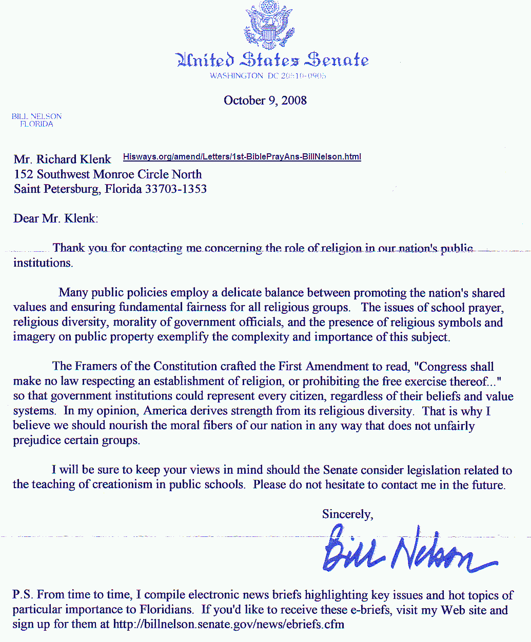 Sen. Nelson's #1 reply. Click to return.