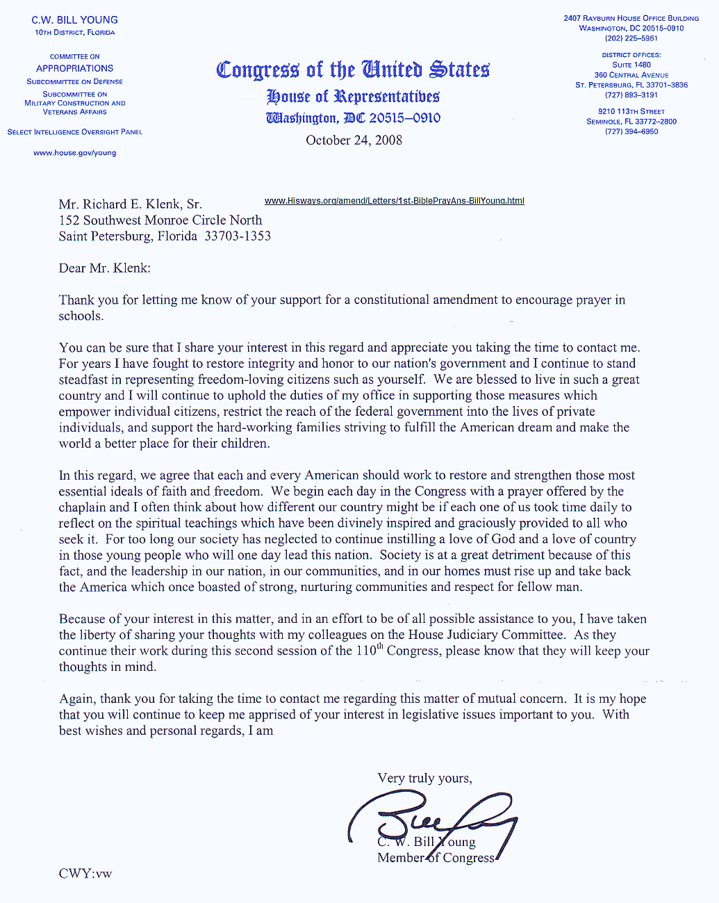 US Rep. Bill Young reply. (81 Kb)